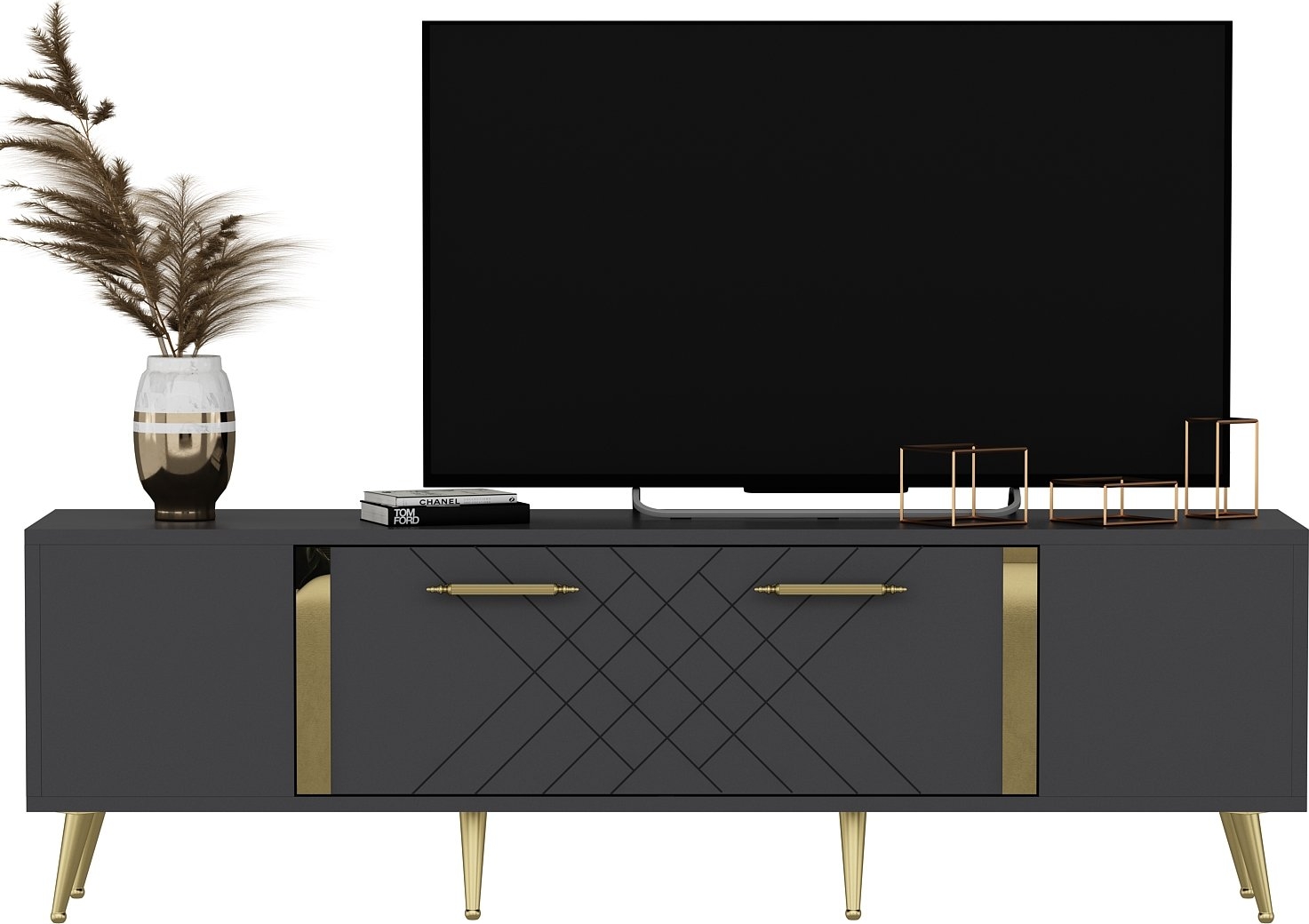 Deta mediabank 150 cm breed - Antraciet/goud