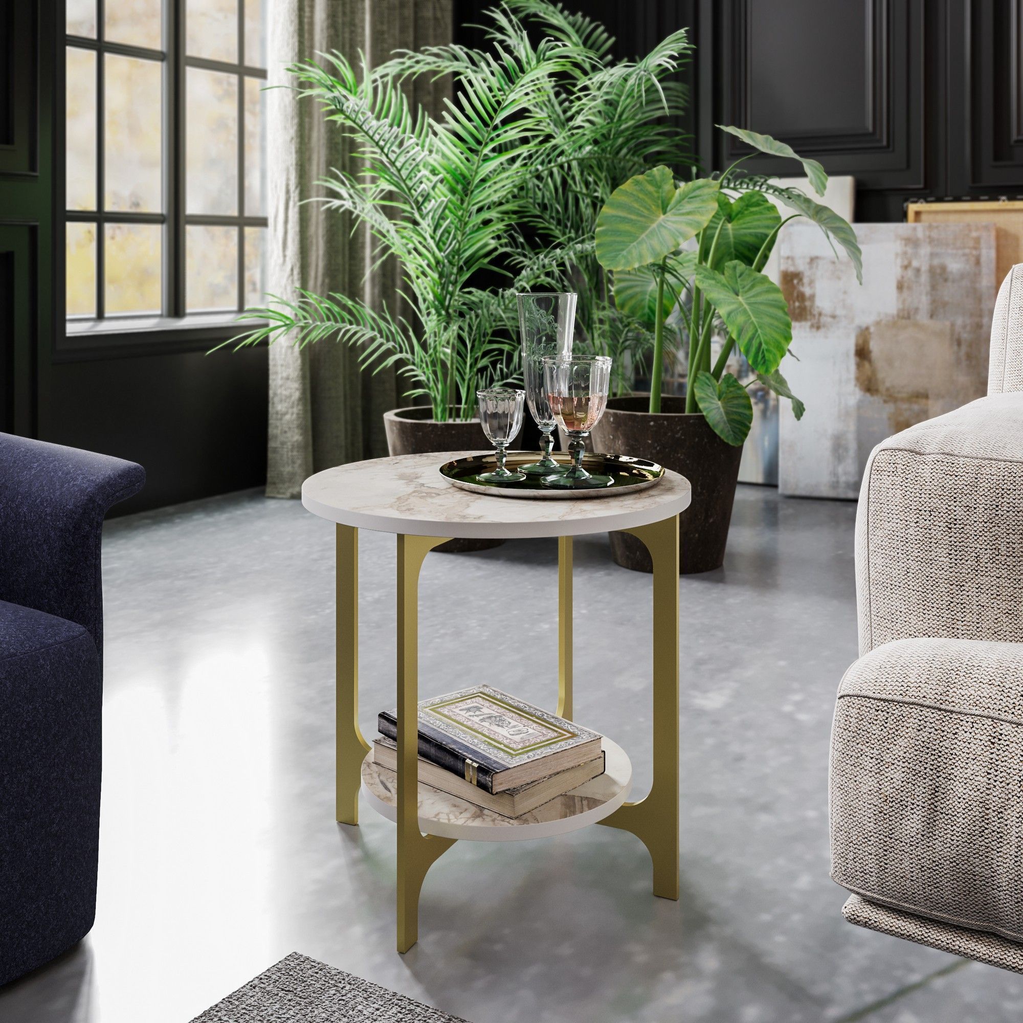 Versy sidobord 50 x 49 cm - Guld/vit marmor