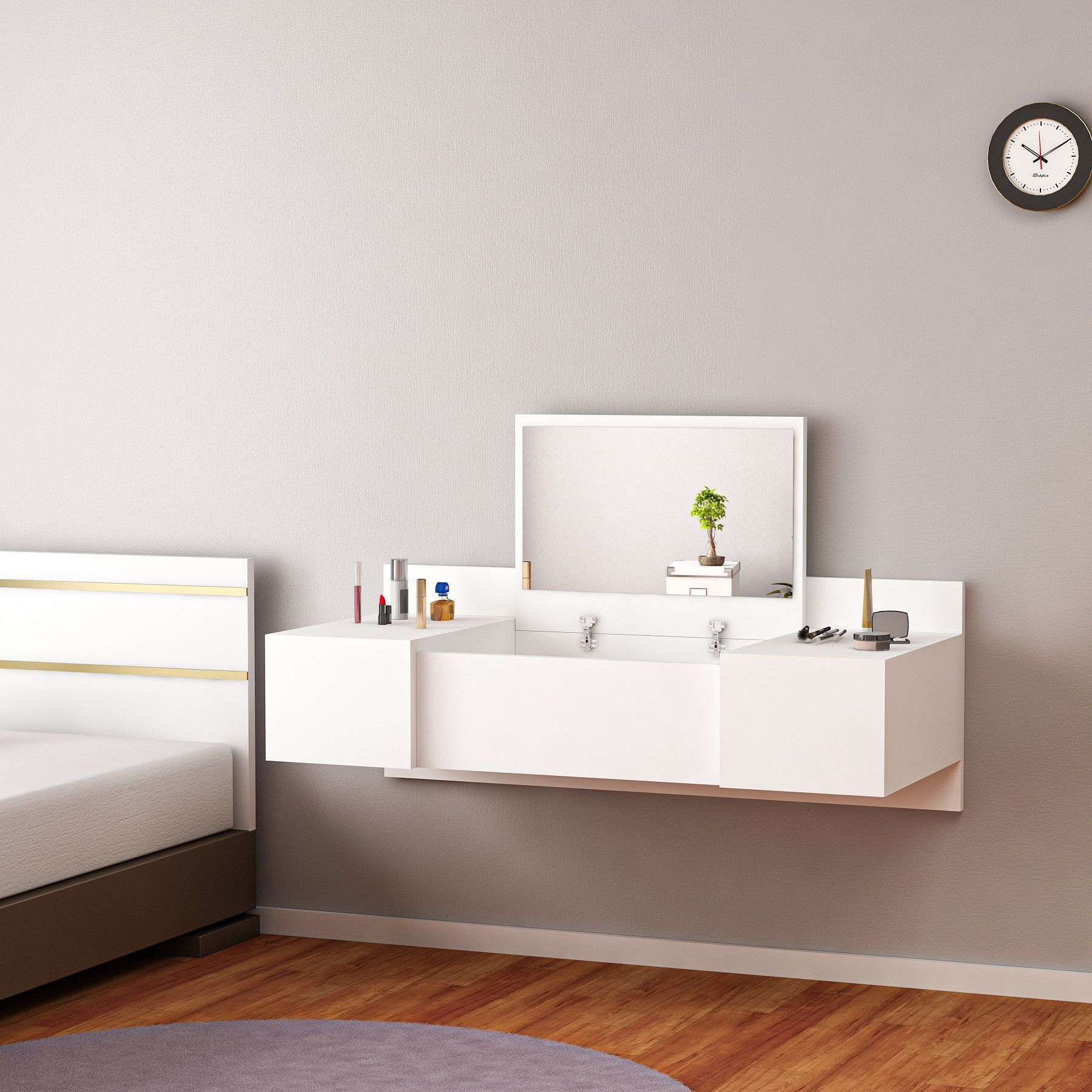 Zakkum sminkbord 100 x 39 cm - Vit + Glas och Kristallreng�ring