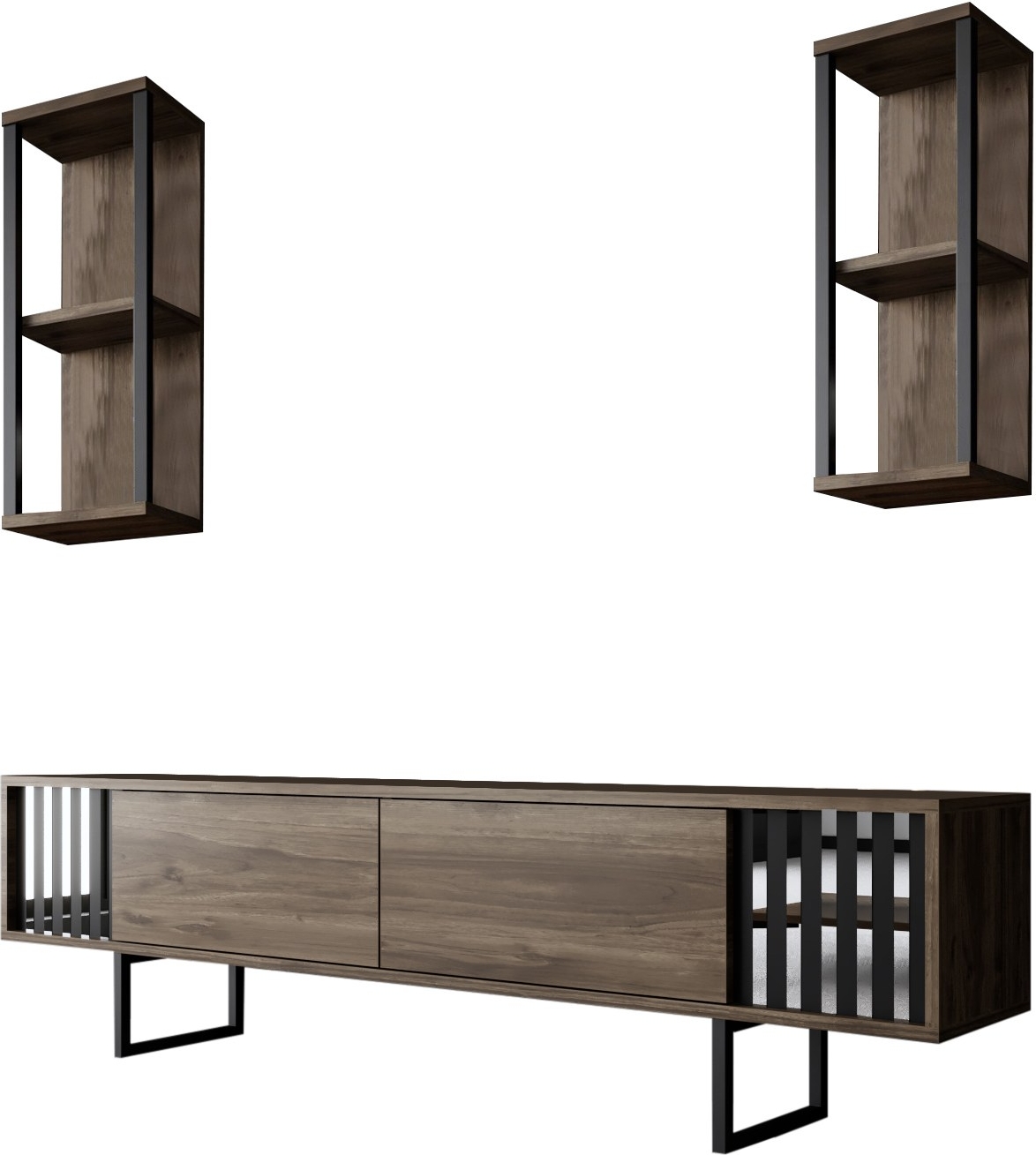 Erki TV-bänk inklusive två hyllor - Valnöt/svart Erki TV-bänk inklusive två hyllor - Valnöt/svart