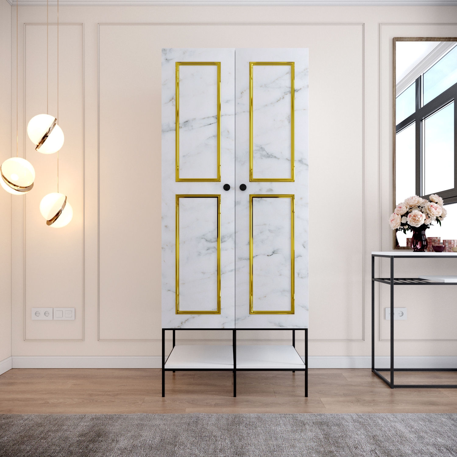 Martin garderob 84 cm - Vit marmor/guld