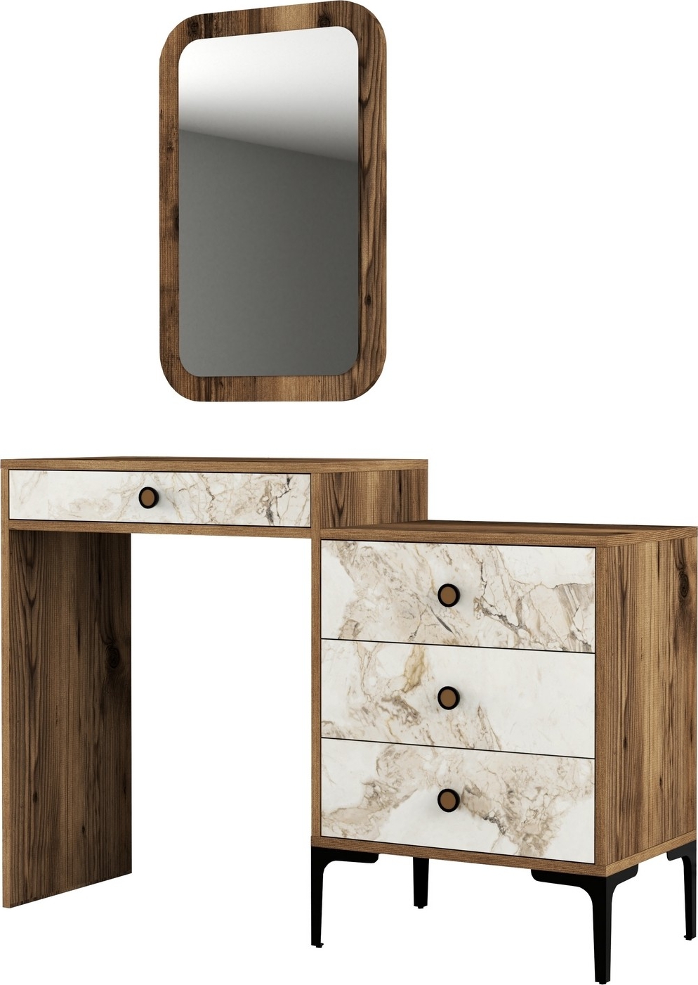 Lizbon kaptafel met spiegel 124 x 40 cm - Wit marmer/notenhout