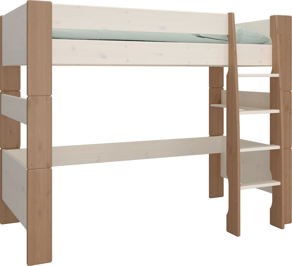 Voor kinderen hoge hoogslaper 90 x 200 cm - Whitewash/grijs/bruin Voor kinderen hoge hoogslaper 90 x 200 cm - Whitewash/grijs/bruin