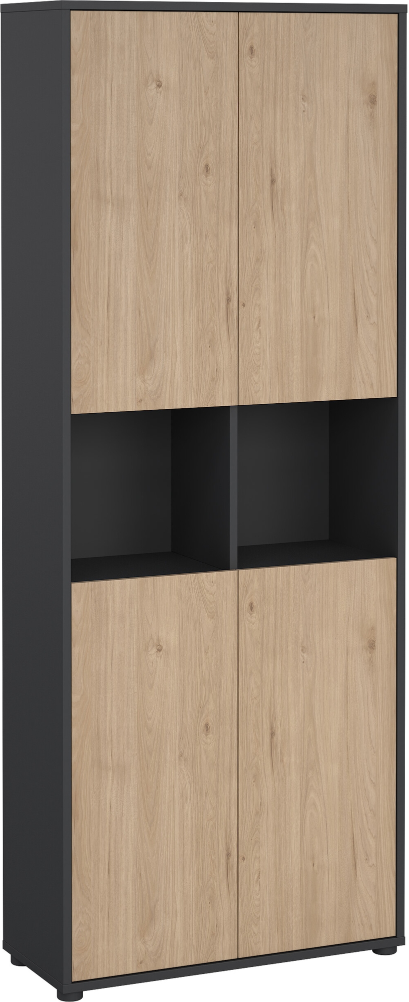 Hoge boekenkast met 4 deuren - Matgrijs/hickory