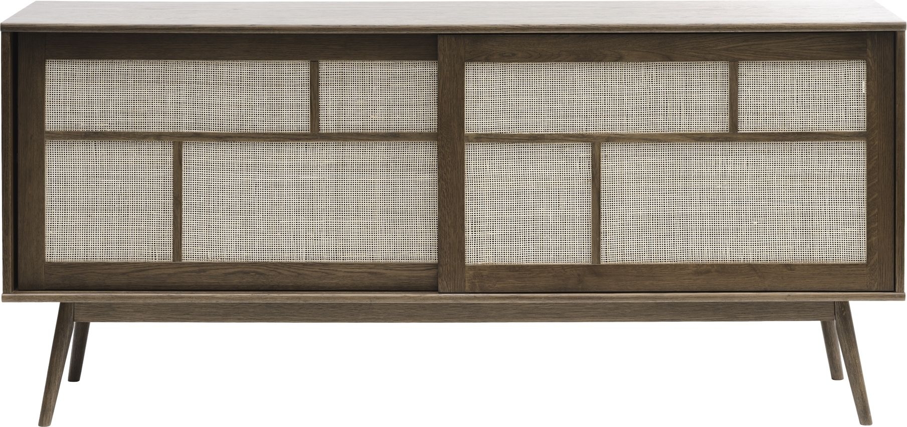Yuma dressoir van gerookt eikenhout met rotan details, schuifdeuren Yuma dressoir van gerookt eikenhout met rotan details, schuifdeuren