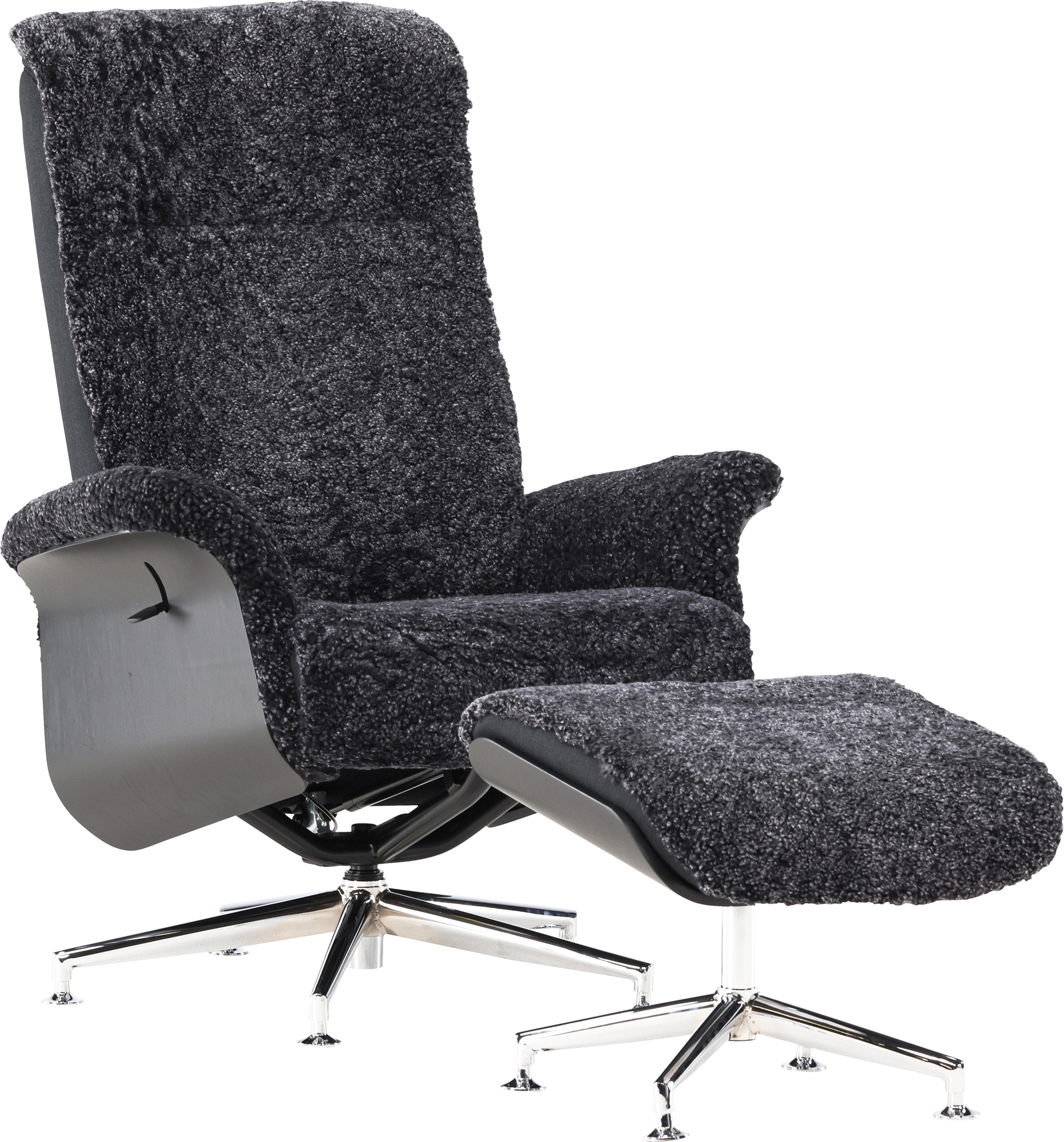 Relaxfauteuil met voetenbank in echt schapenvacht zwart/donkergrijs - Ulla + Relaxfauteuil met voetenbank in echt schapenvacht zwart/donkergrijs - Ulla +