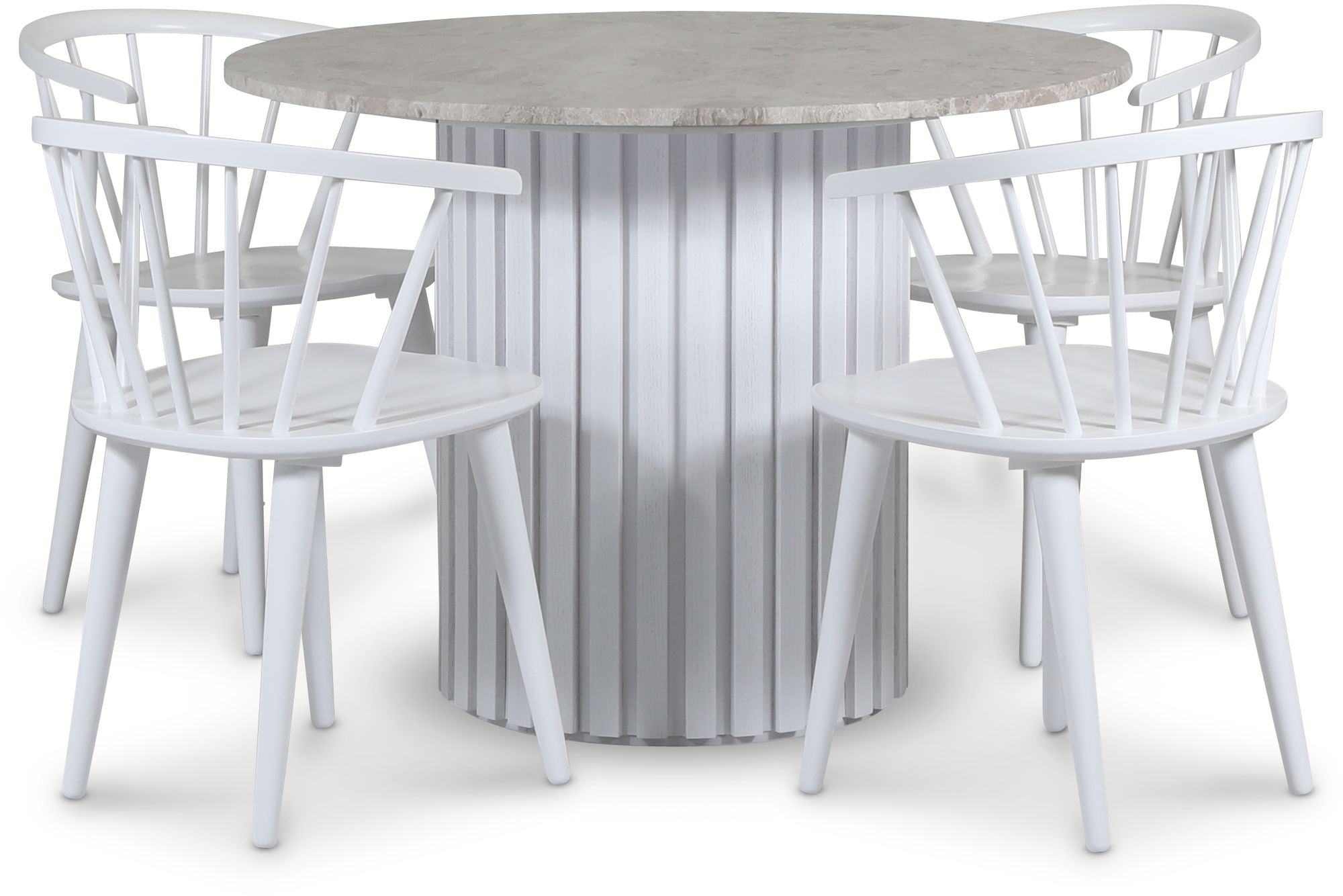 Empire matgrupp �105 cm inkl. 4 st Dalsland vita stolar - Silver Diana marmor / Vit lamell tr�fot