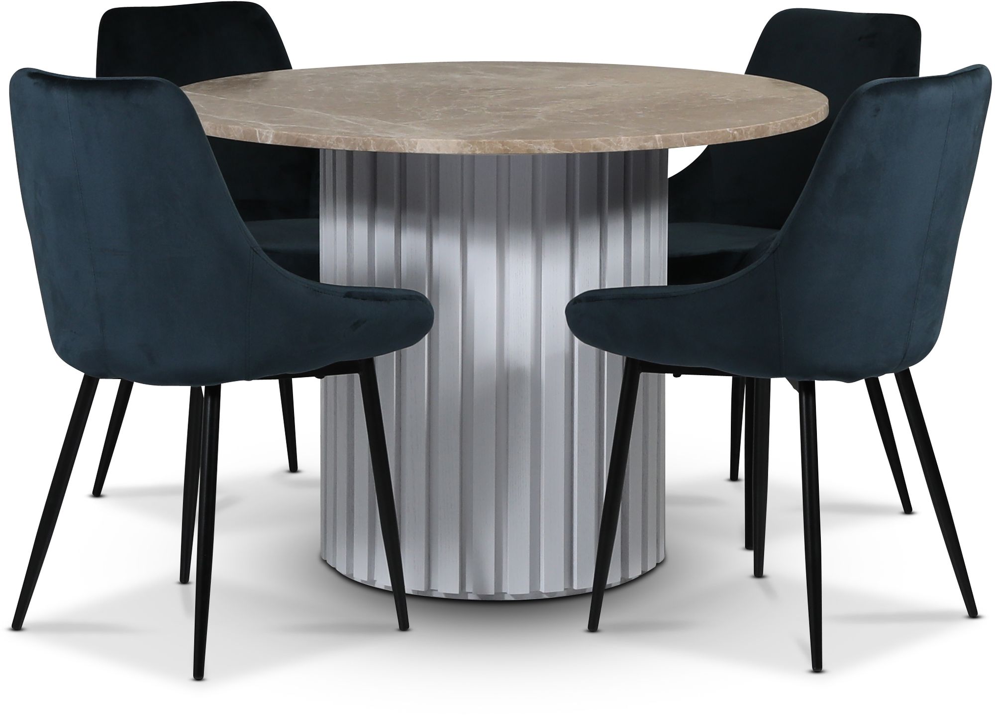 Empire matgrupp �105 cm inkl. 4 st Theo bl� stolar - Empradore marmor / Vit lamell tr�fot