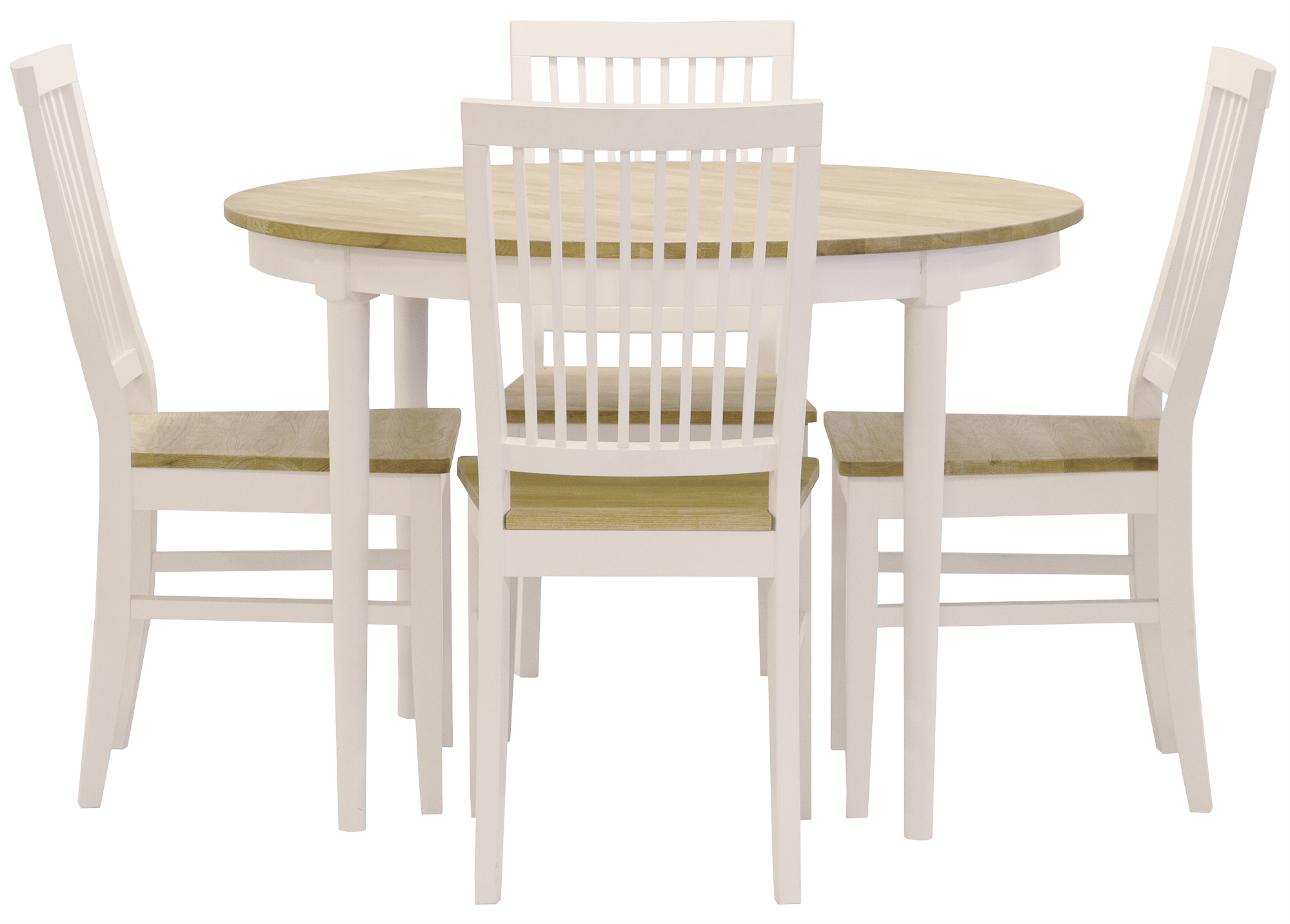 Eetgroep: L�ck� eettafel, rond - wit / geolied eiken + 4 Selma stoelen - wit / geolied eiken
