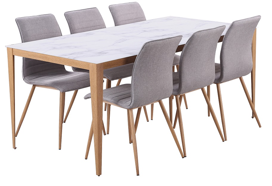 Quick matgrupp - Bord inklusive 6 st stolar - Marmorimitation/ekfolie/gr�tt tyg