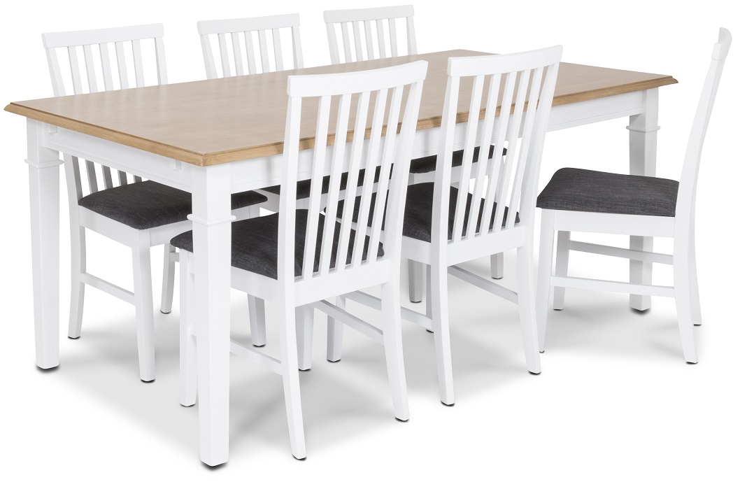 Ramn�s matgrupp - Bord inklusive 6 st Alice matstolar med gr� sits - Vit/ekbets