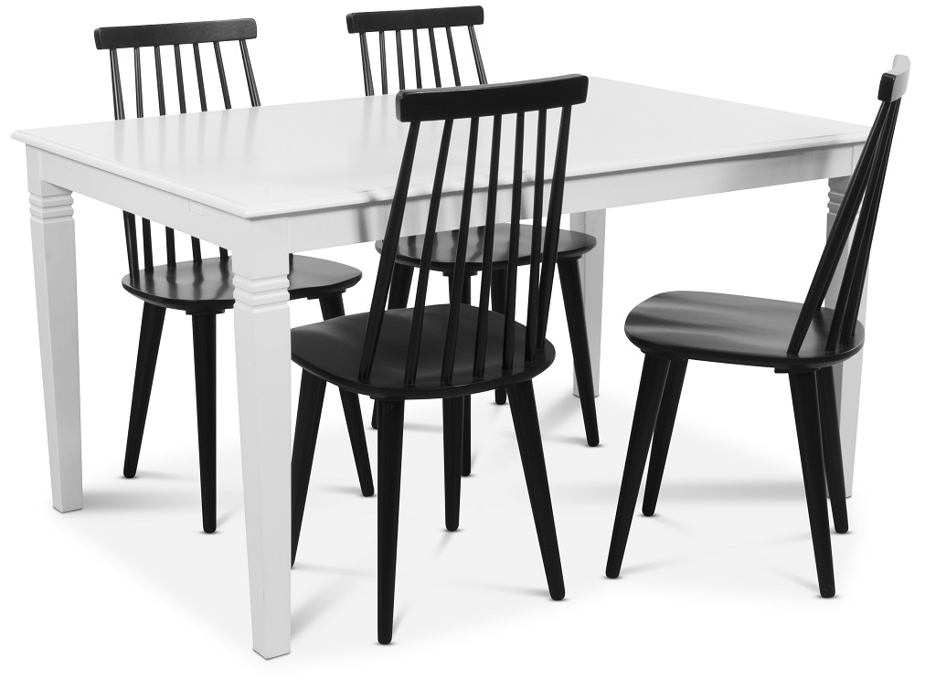 Mellby eetgroep 140 cm tafel met 4 zwarte Dalsland peg stoelen - Wit/Zwart
