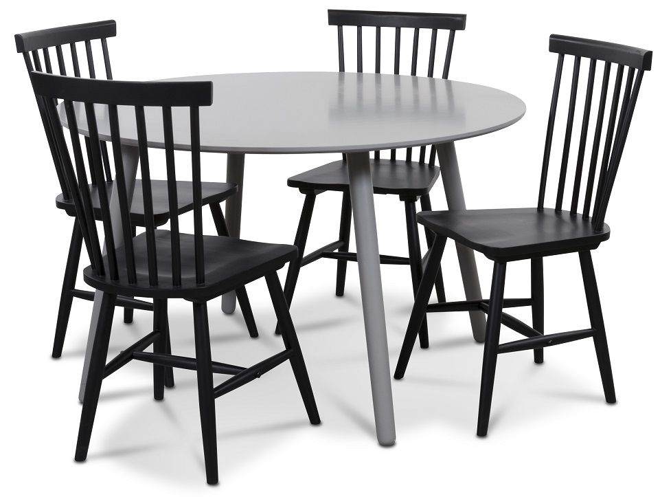 Rosvik eettafel grijze ronde tafel met 4 zwarte Karl Pinnstolar - Grijs/Zwart + 3.00 x Meubelpoten
