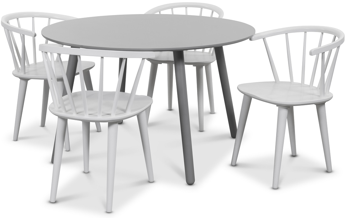 Rosvik eettafel grijze ronde tafel met 4 witte Dalsland Pinnstolar + 4.00 x Stoel kussen