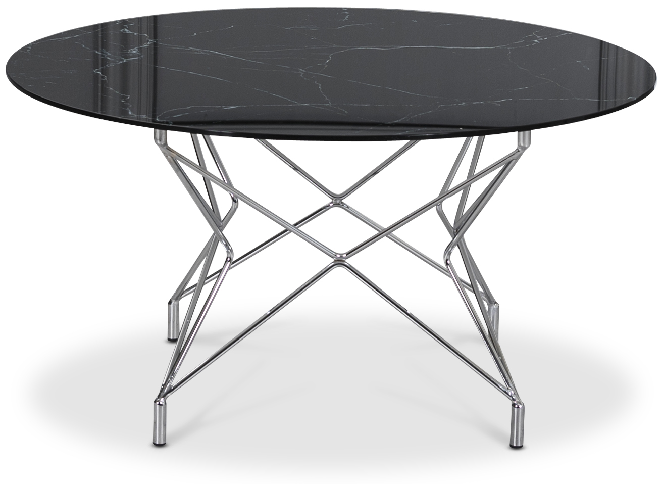 Soffbord Star 90 cm - Svart marmorerat glas / Kromat underrede
