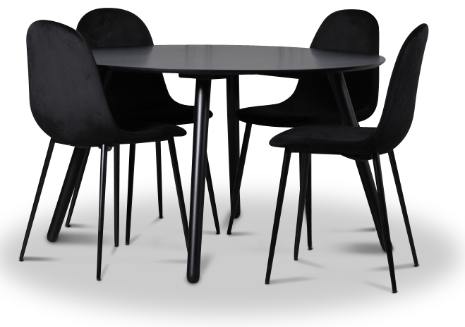 Rosvik eetgroep, eettafel met 4 Carisma fluwelen stoelen - Zwart/Zwart Rosvik eetgroep, eettafel met 4 Carisma fluwelen stoelen - Zwart/Zwart