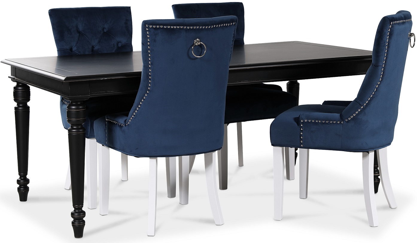 Paris matgrupp svart bord med 4 st Tuva Decotique stolar i blå sammet Paris matgrupp svart bord med 4 st Tuva Decotique stolar i blå sammet
