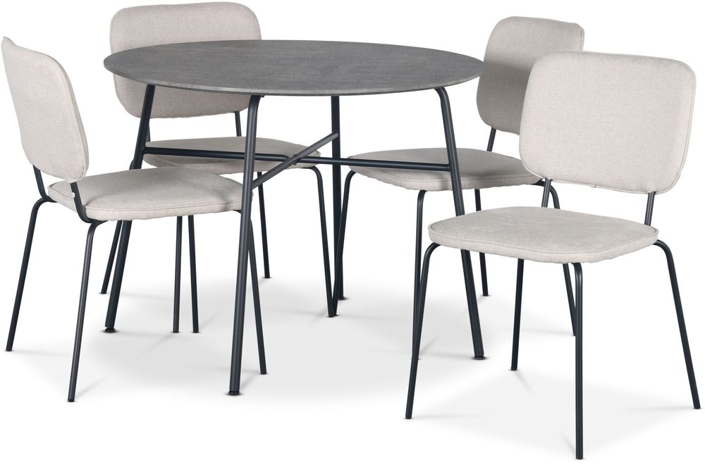 Tufta eettafel �100 cm in betonimitatie + 4 Lokrume beige stoelen