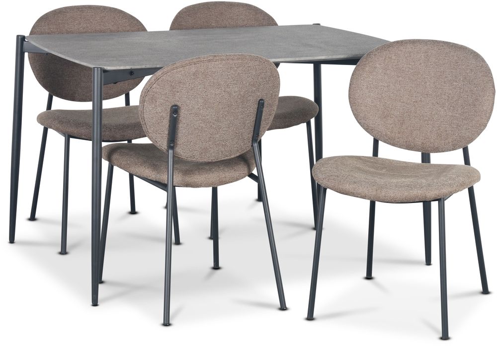 Lokrume matgrupp 120 cm bord i betongimitation + 4 st Tofta bruna stolar