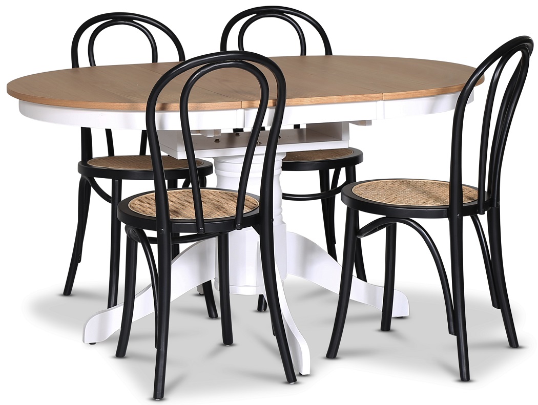 Fitchburg matgrupp; Ovalt matbord 106-141 cm - Vit / Oljad Ek med 4 st Danderyd No.18 matstolar Svart Fitchburg matgrupp; Ovalt matbord 106-141 cm - Vit / Oljad Ek med 4 st Danderyd No.18 matstolar Svart