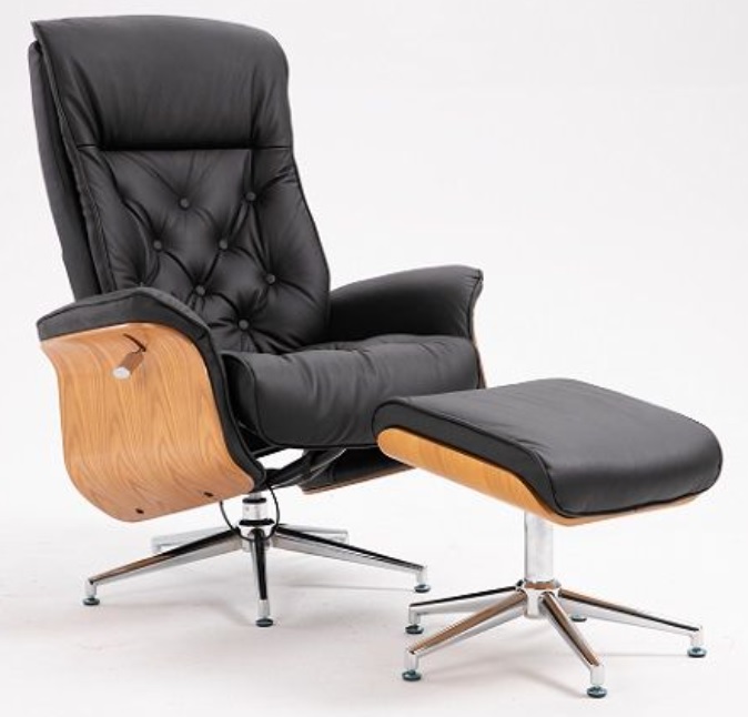 Ulla skinnf�t�lj med fotpall i svart PU / Ek / Krom