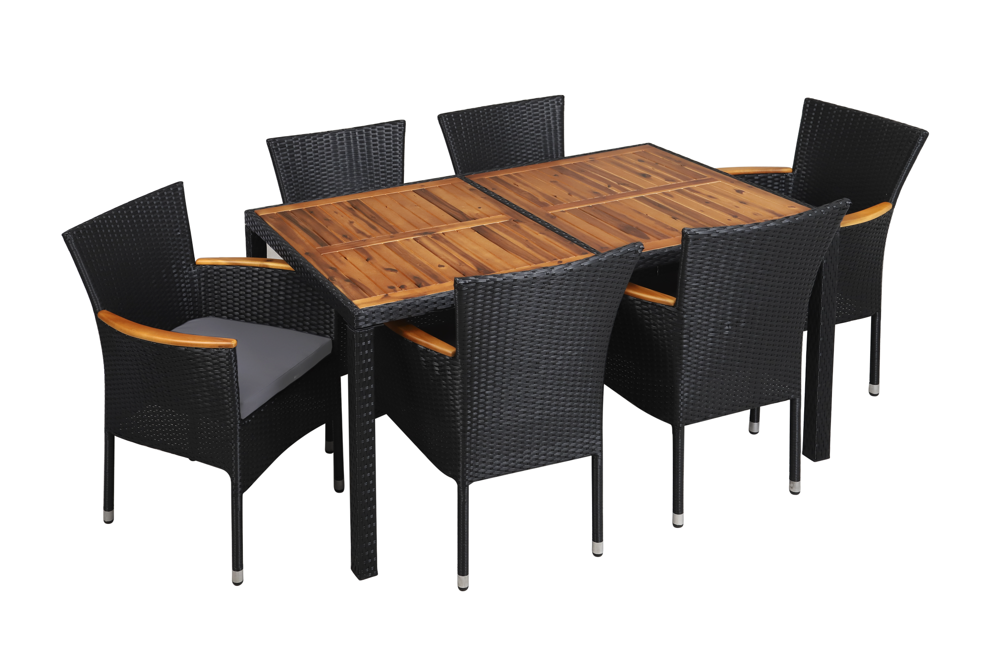 Buitengroep; 6 fauteuils met kussens en eettafel + Houtolie voor meubels