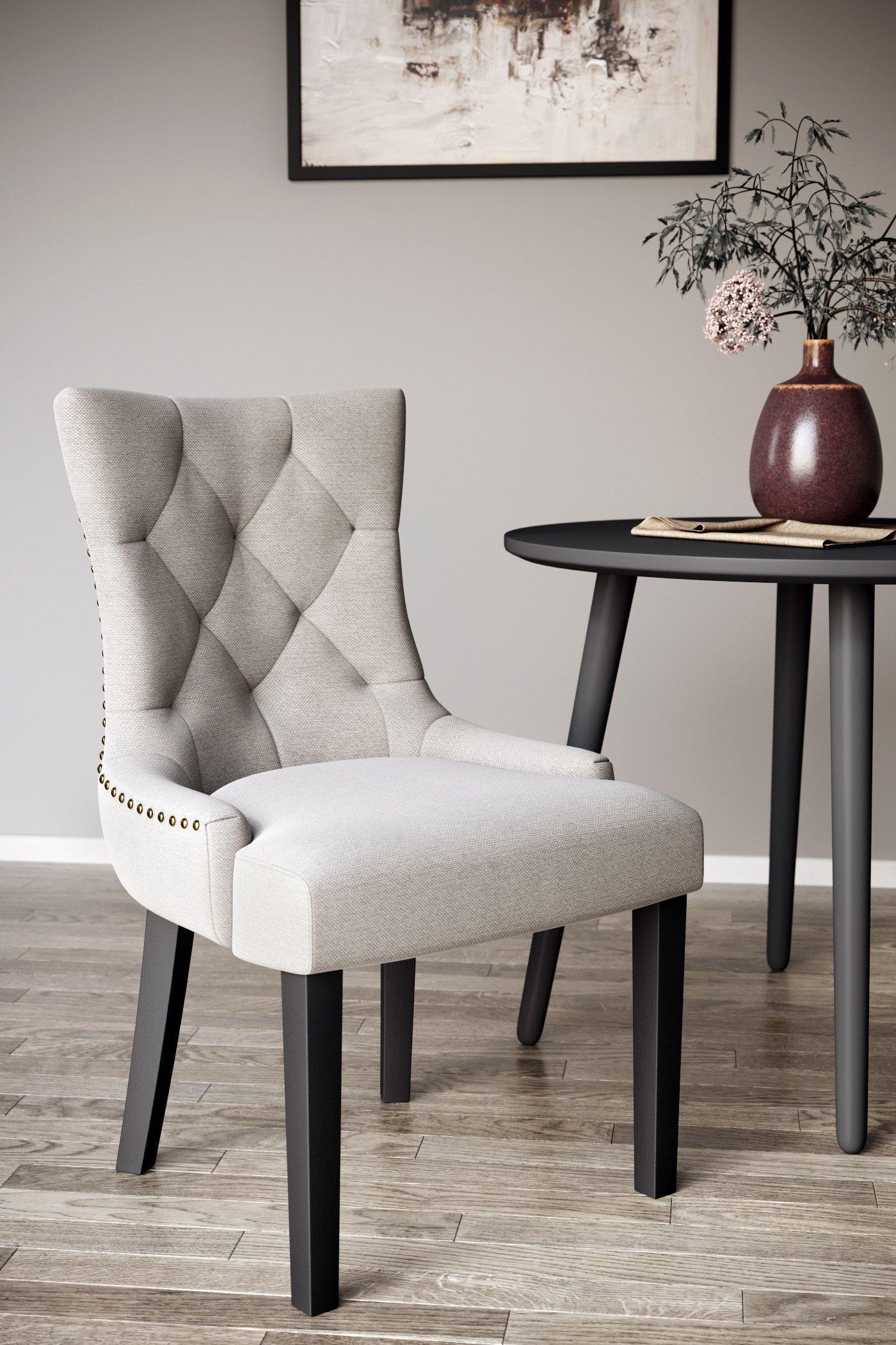 Tuva stoel in beige stof met zwarte poten