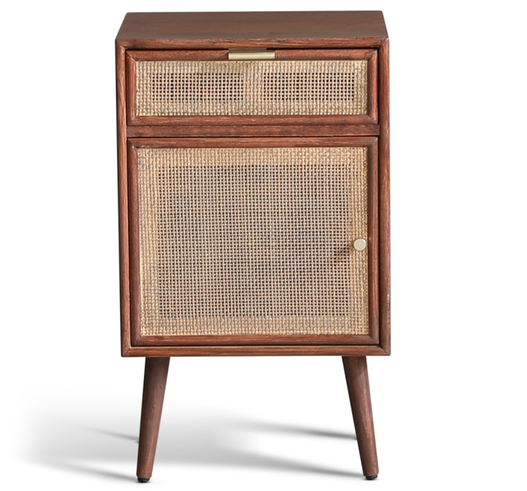 Nachtkastje walnoot/rotan 71 cm hoog + Nachtkastje walnoot/rotan 71 cm hoog +