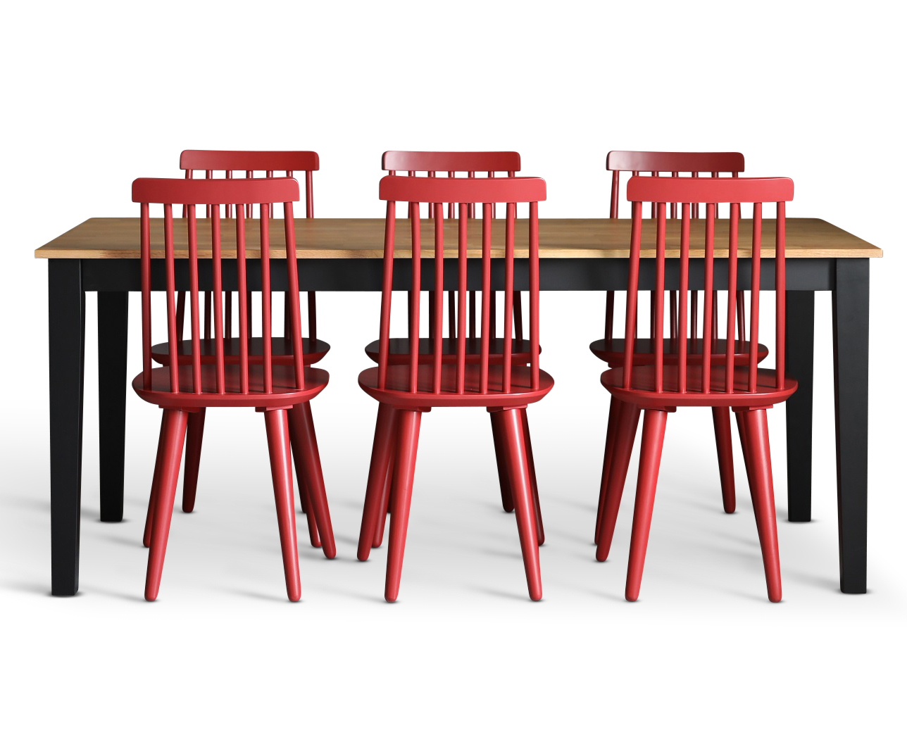 Dalsland matgrupp: Matbord i svart / ek med 6 st r�da pinnstolar