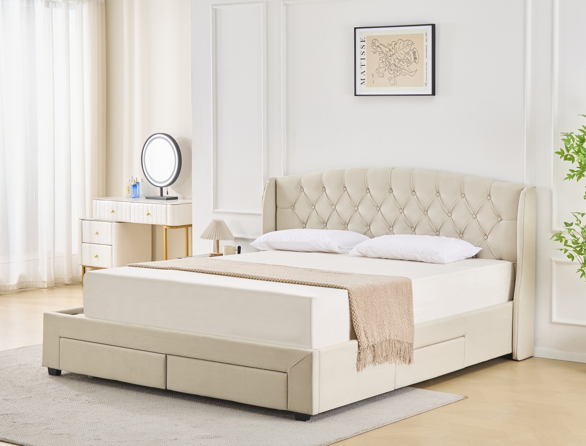 S�ngram med f�rvaring inklusive s�nggavel 160 x 200 cm - Beige