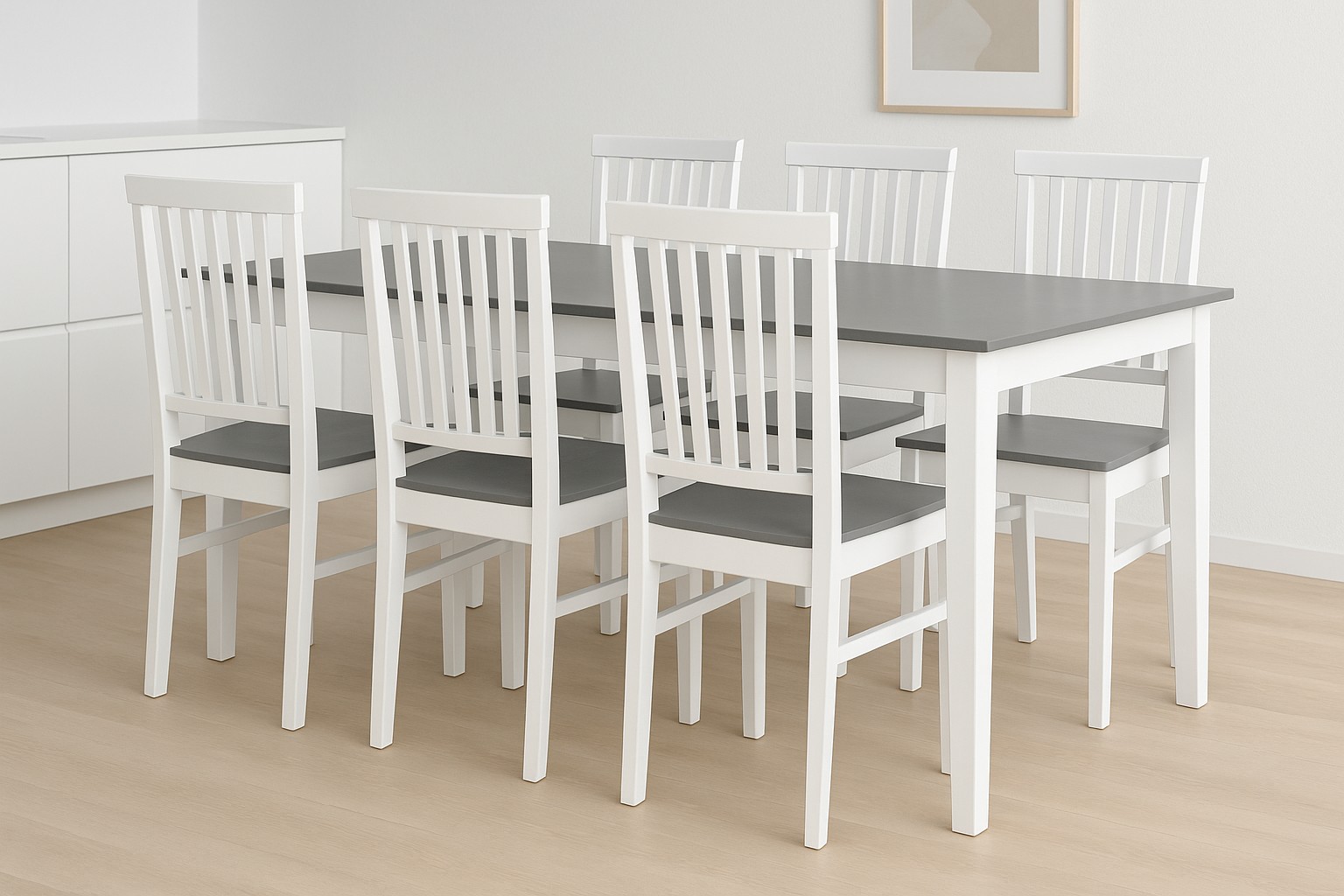 Matgrupp 6 st stolar + bord 180x90 cm - vit/grå Matgrupp 6 st stolar + bord 180x90 cm - vit/grå