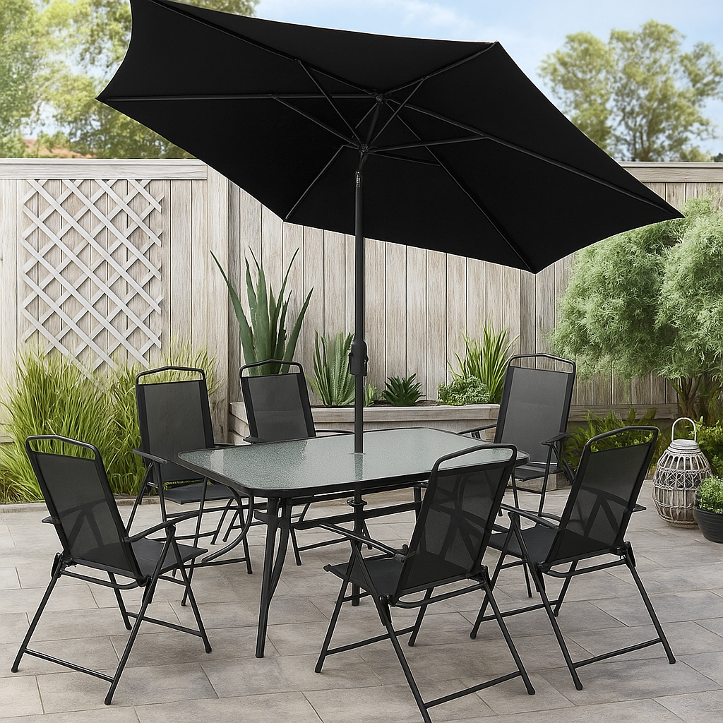 Matgrupp; bord med 6 st positionsstolar och parasoll