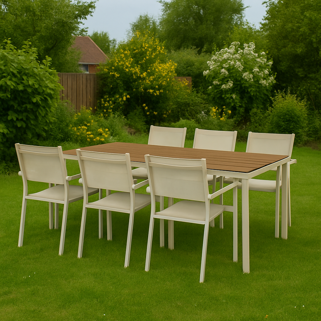 Matgrupp; 6 stolar och matbord 205 x 90 cm beige - Copacabana