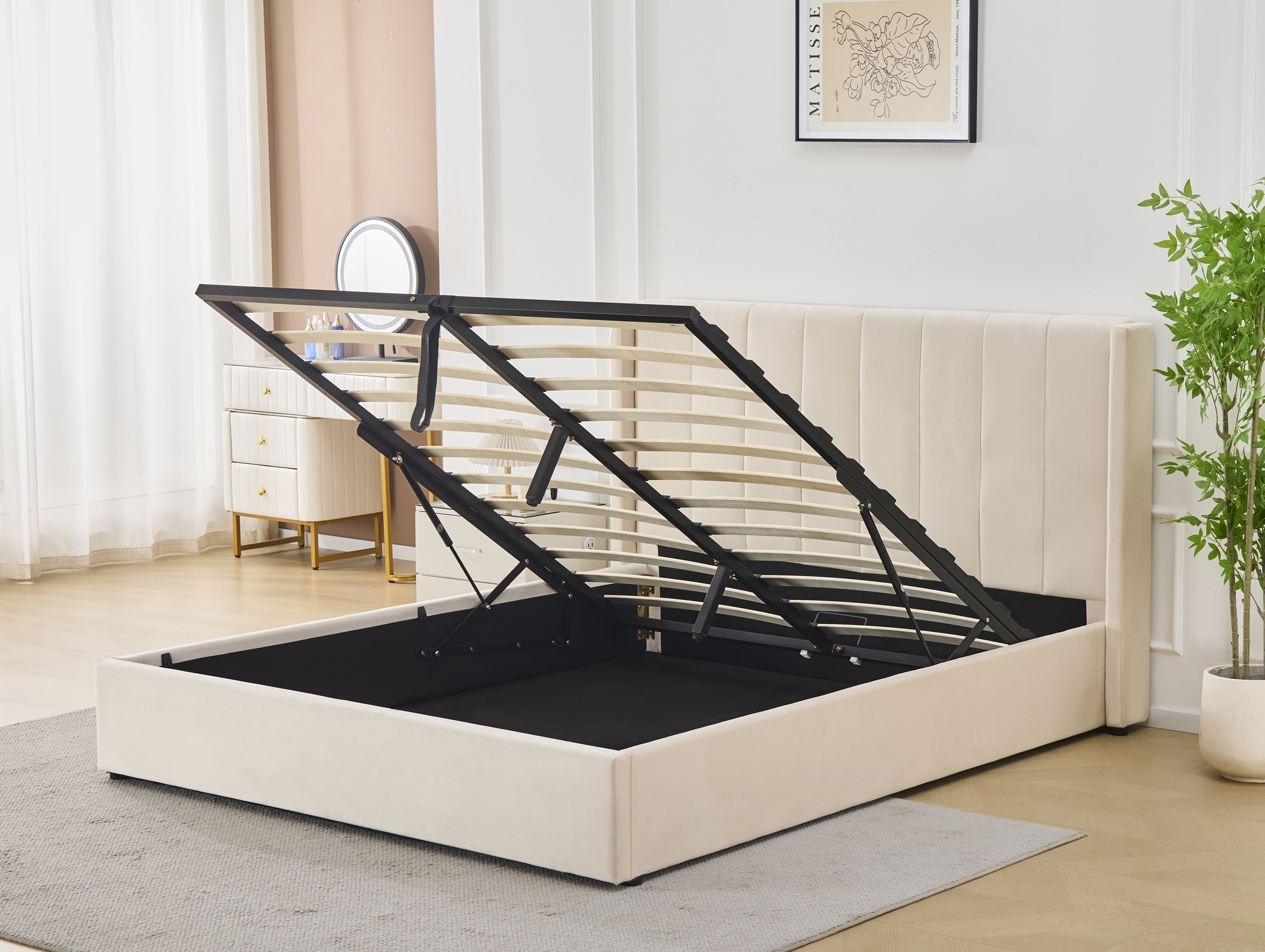 S�ngram med f�rvaring inklusive s�nggavel 160 x 200 cm beige - Bianca