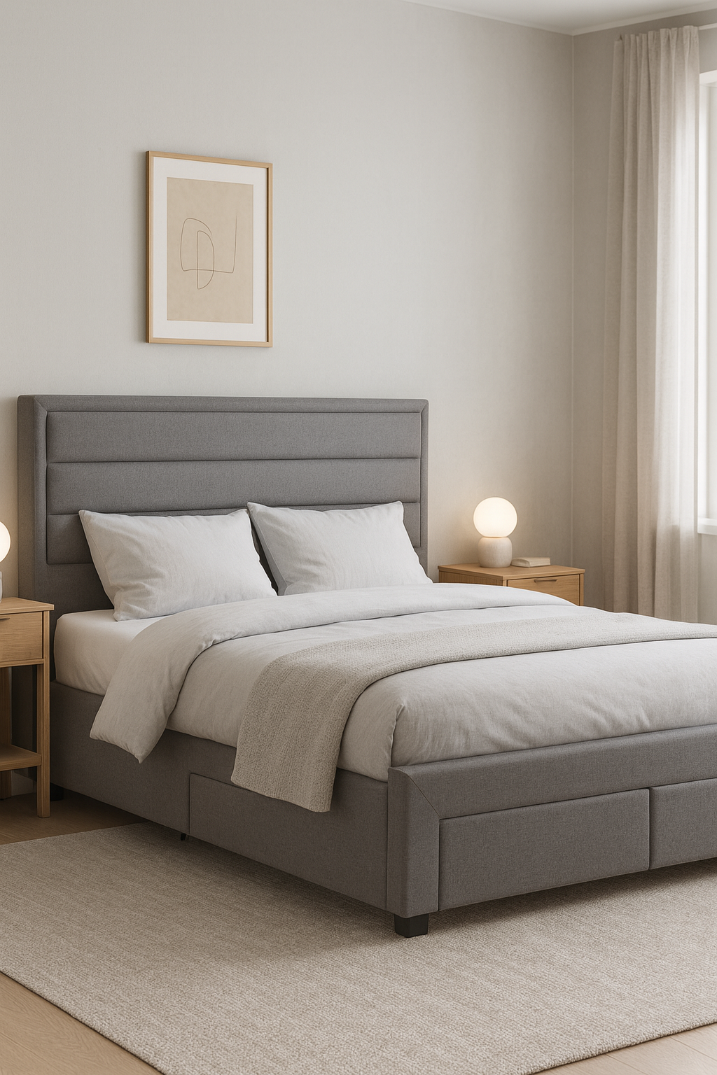 S�ngram med f�rvaring inklusive s�nggavel 160 x 200 cm gr�