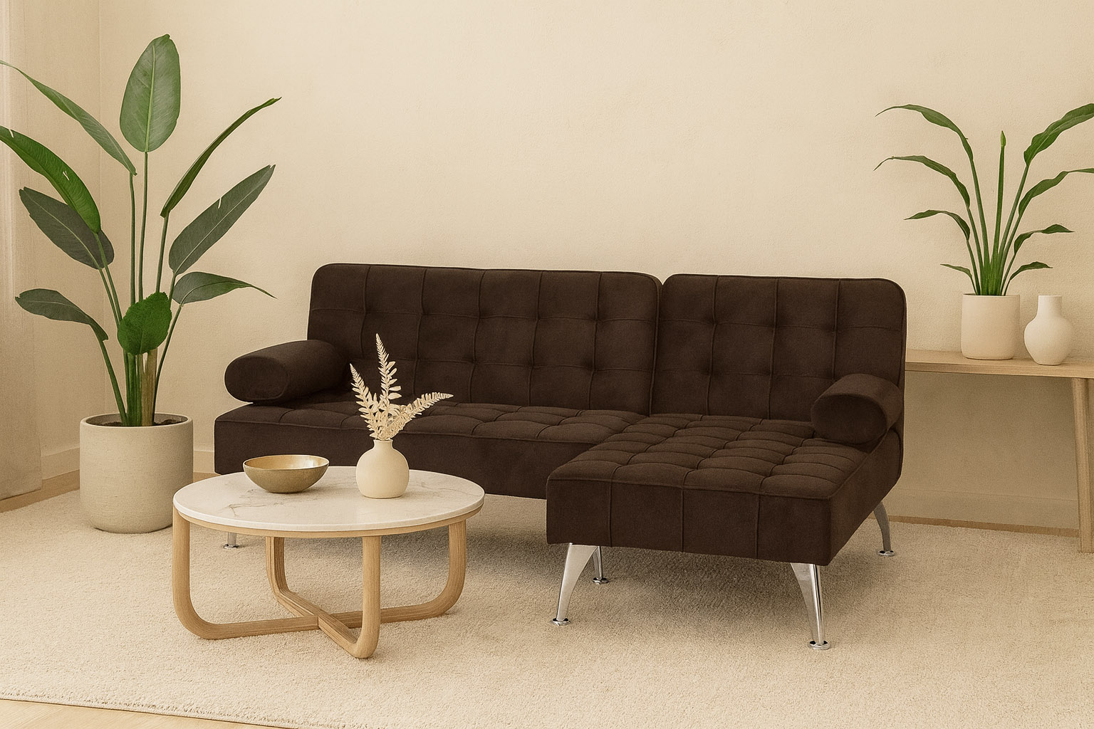 B�ddsoffa med divan brun sammet 198 cm