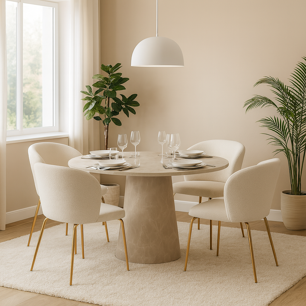 Matgrupp Lanzo �120 cm marmor beige med 4 st stolar i boucl� och m�ssingsben