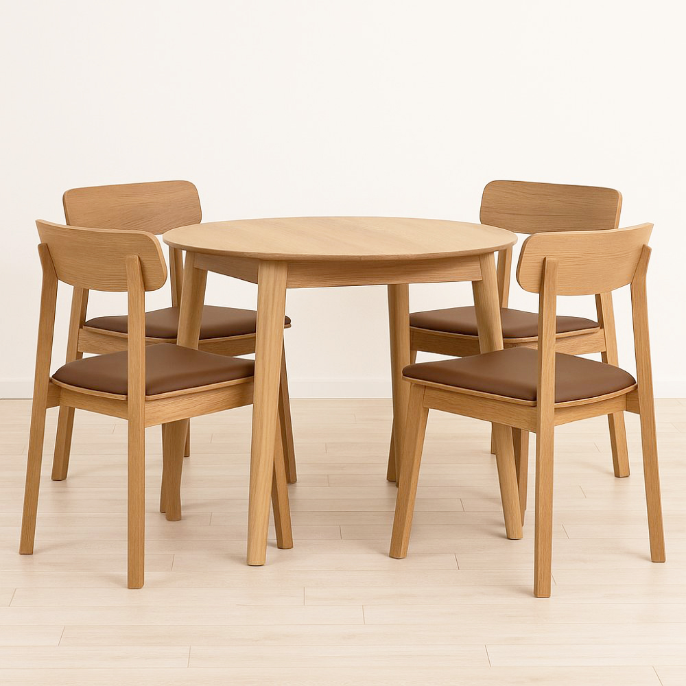 Matgrupp Genova 90–130x90 cm i oljad ek med 4 st Kleppen stolar i ek och brun PU Matgrupp Genova 90–130x90 cm i oljad ek med 4 st Kleppen stolar i ek och brun PU