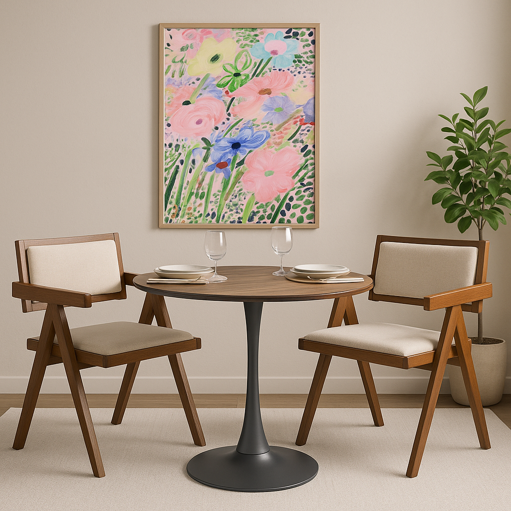 Olmo matbord 90 cm i valnt/svart med 2st Sara karmstol i valnt och linne