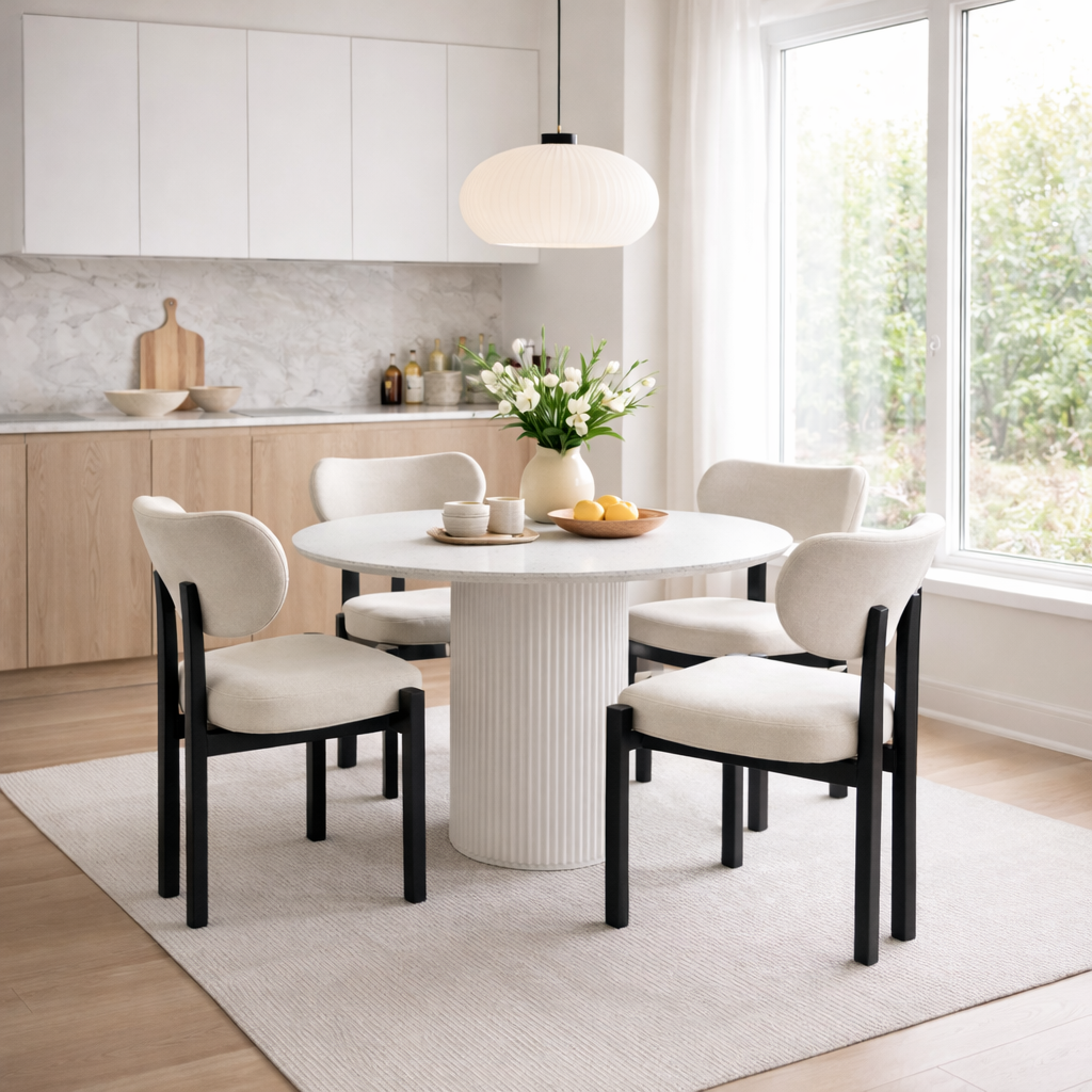 Matgrupp Sandö matbord Ø120cm i vit terazzo med 4st Callum matstol i beige tyg Matgrupp Sandö matbord Ø120cm i vit terazzo med 4st Callum matstol i beige tyg