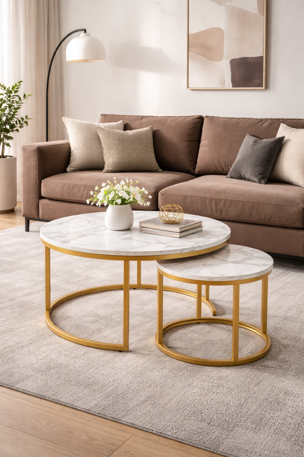 Satsbord �38/60 cm - Vit marmoreffekt / guld + M�beltassar