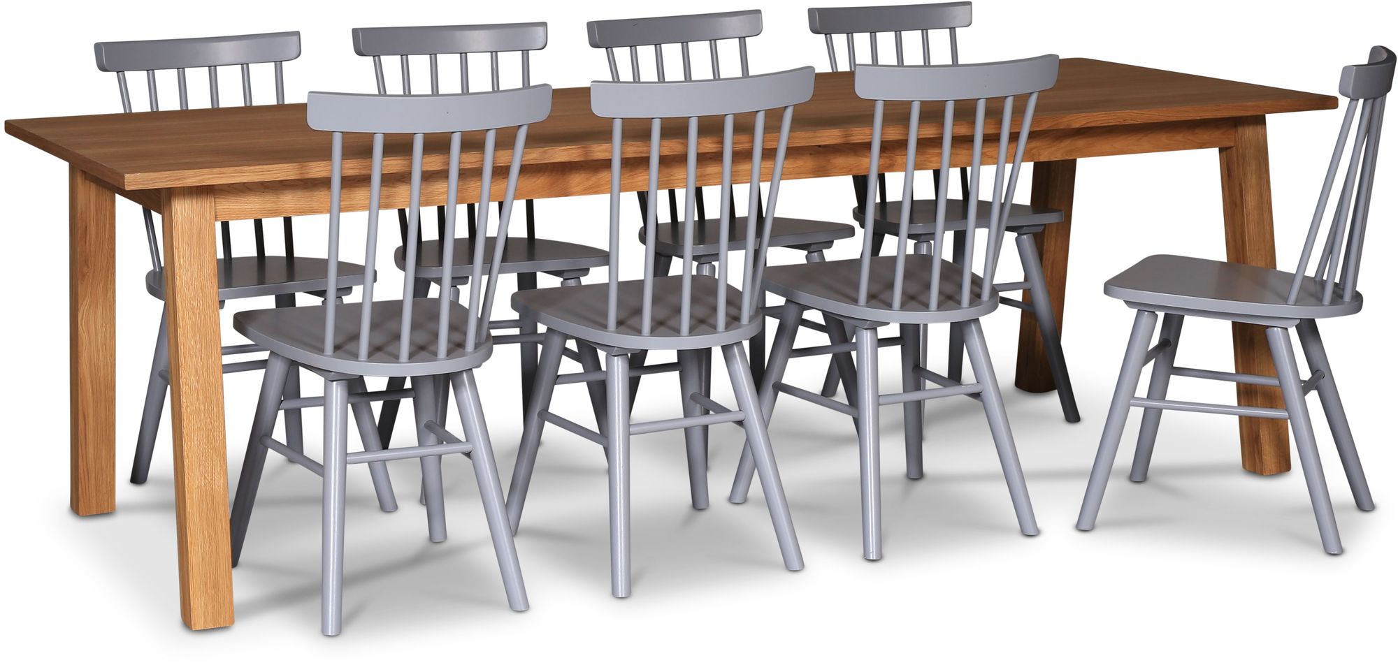 Saltsjö matgrupp 240 cm inkl 8 st grå Orust pinnstolar - Oljad ekfanér Saltsjö matgrupp 240 cm inkl 8 st grå Orust pinnstolar - Oljad ekfanér