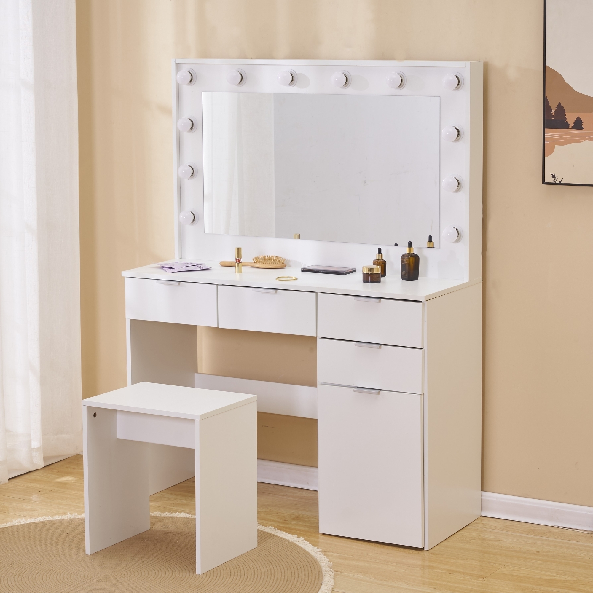 Sminkbord med spegel, sittpall och LED-belysning Sminkbord med spegel, sittpall och LED-belysning