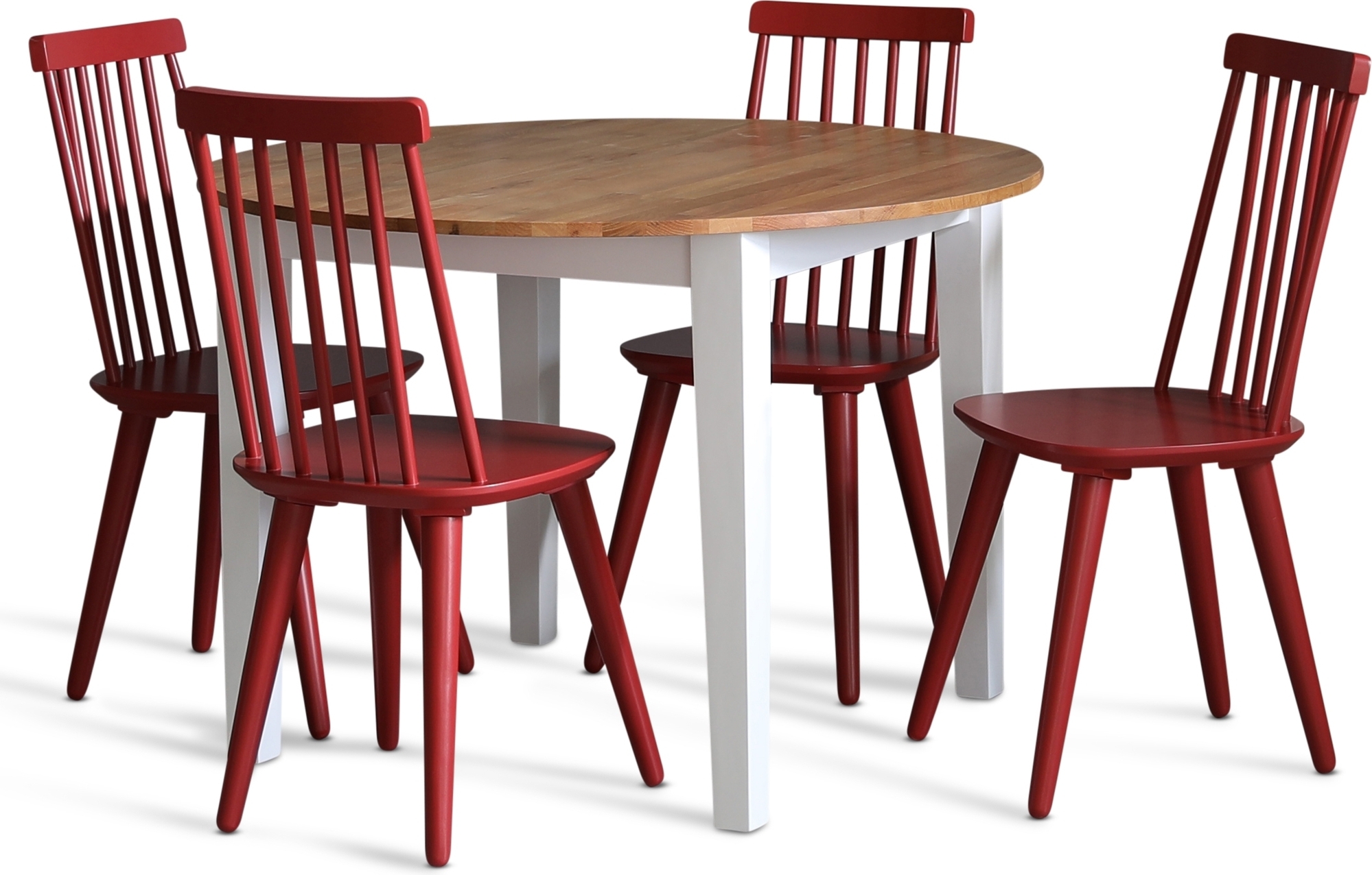 Matgrupp: Runt bord i Ek / Vit med 4 st r�da Pinnstolar + 4.00 x Stolsdyna
