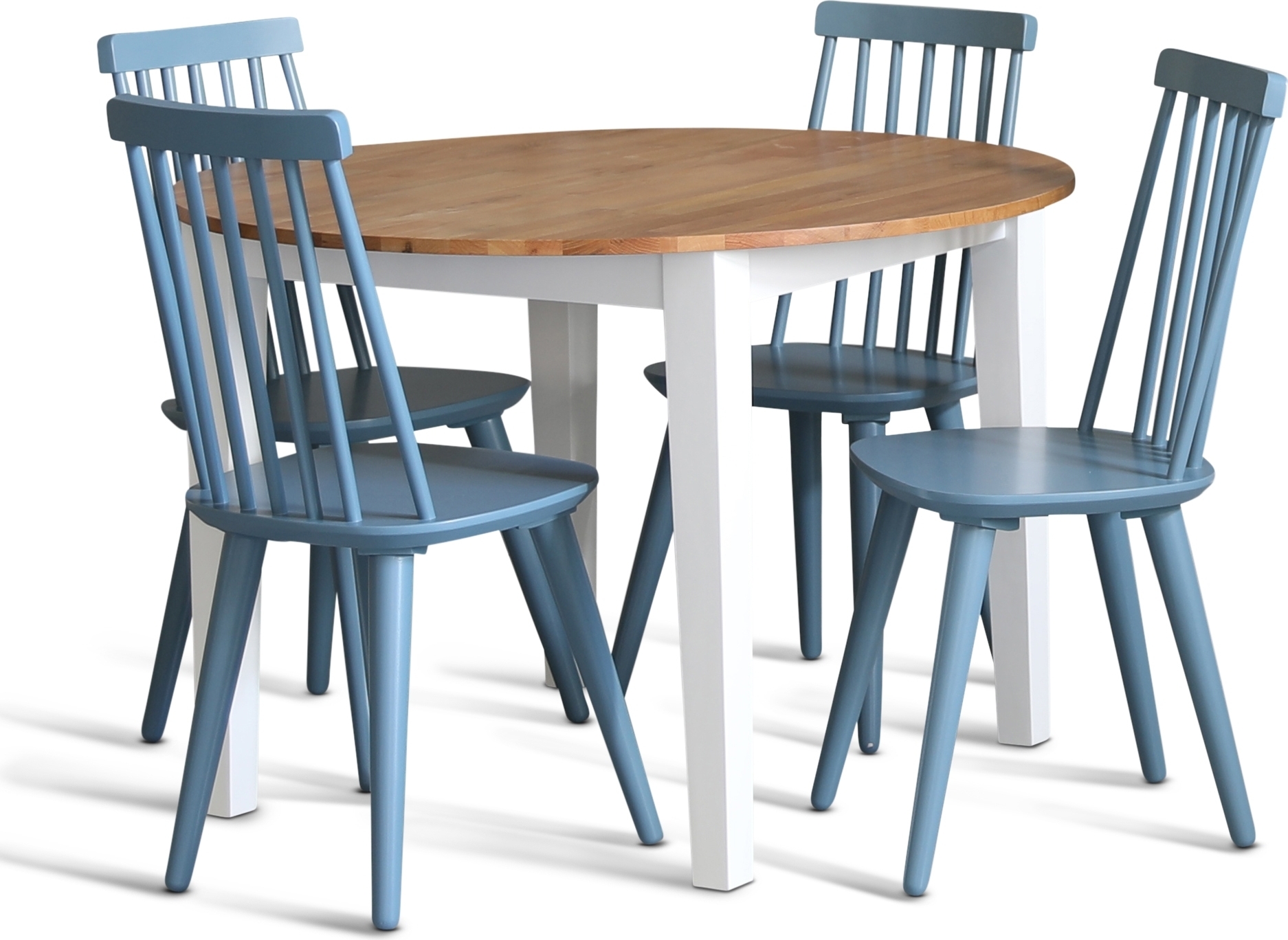 Matgrupp: Runt bord i Ek / Vit med 4 st duvbl�a Pinnstolar