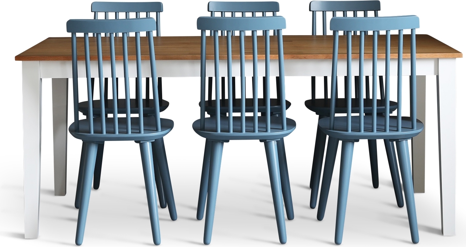 Dalsland matgrupp: Matbord i Ek / vit med 6 st duvbl� Pinnstolar