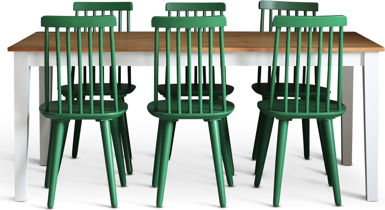 Dalsland matgrupp: Matbord i Ek / vitt med 6 st gr�na Pinnstolar