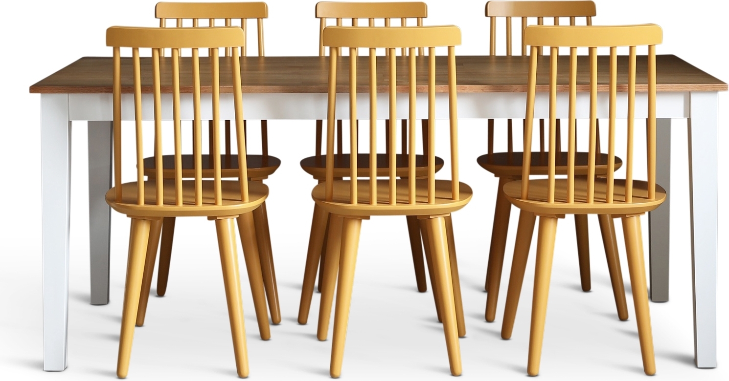 Dalsland matgrupp: Matbord i Ek / Vit med 6 st gula Pinnstolar