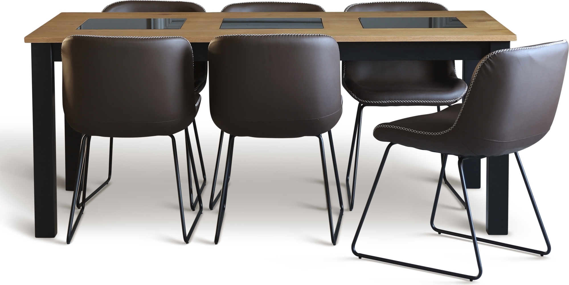 Granit matgrupp; Bord 180x90 cm Ek/Svart med 6 st Texas matstolar brun PU