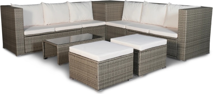 Key West utegrupp; h�rnsoffa med bord, fotpallar och f�rvaring - Brun konstrotting + Reng�ringsmedel f�r utem�bler